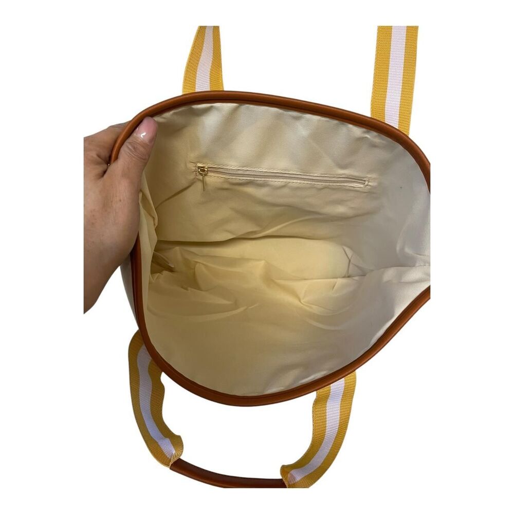 Tan and Yellow Striped Canvas Tote with Interior and Exterior Pockets - Picture 7 of 8